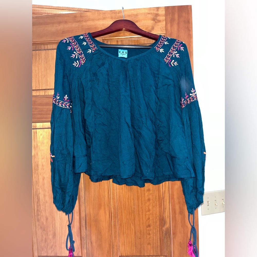 KAS Teal Floral Embroidered Boho Peasant Blouse